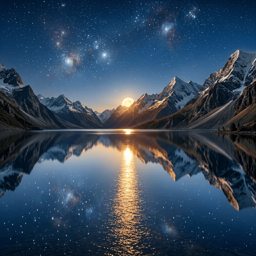 Watercolor landscape with a glowing moon, swirling galaxy, mountains, and waves