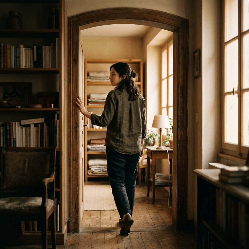 Woman walking through a wooden doorway into a warmly lit room